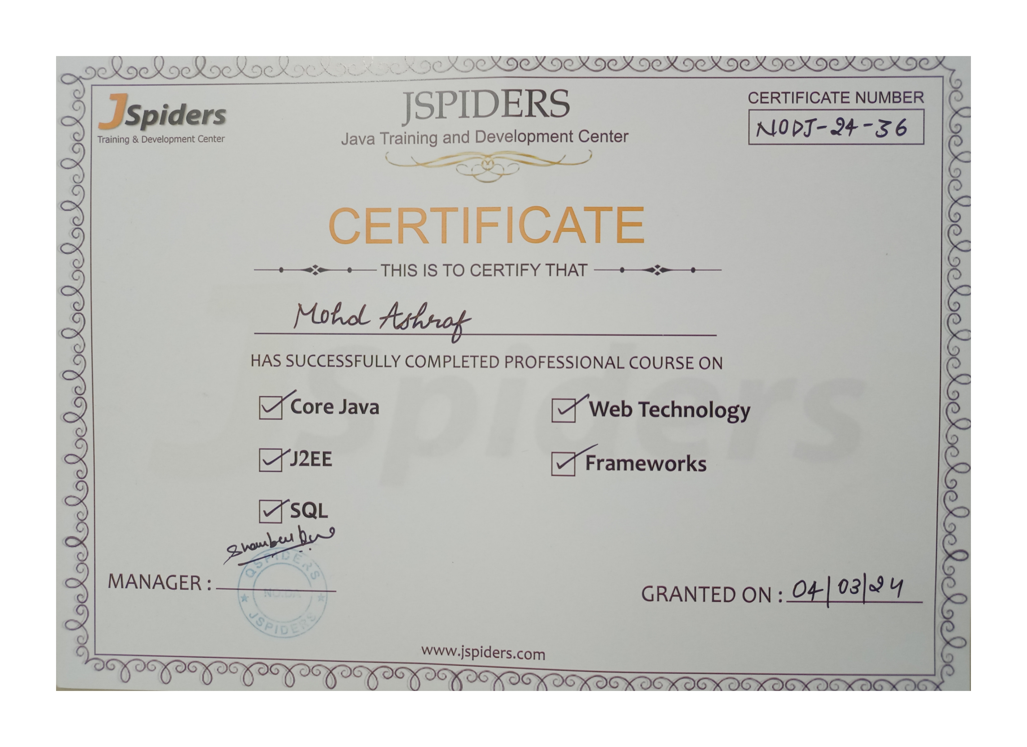 Java Training Certificate